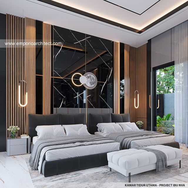 Desain Kamar Tidur Utama Rumah Modern 3 Lantai Ibu NVA di Magetan, Jawa Timur