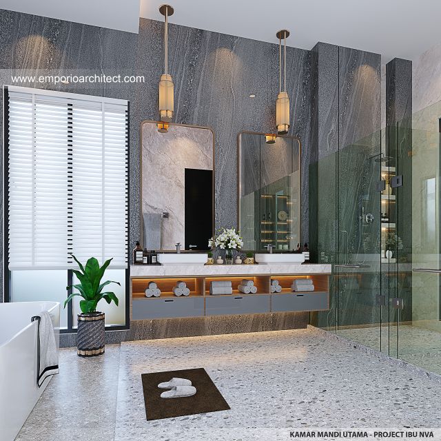 Desain Mandi Tidur Utama Rumah Modern 3 Lantai Ibu NVA di Magetan, Jawa Timur