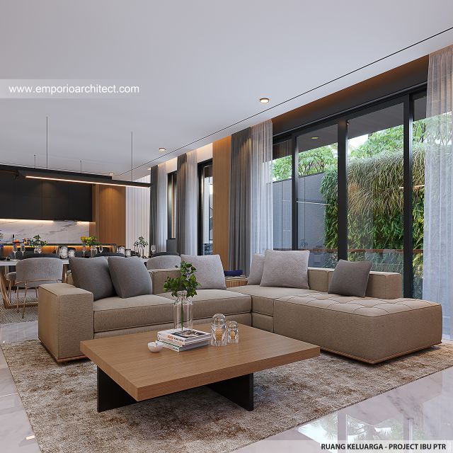 Desain Ruang Keluarga Rumah Modern 3 Lantai Ibu PTR di Rawamangun, Jakarta Timur