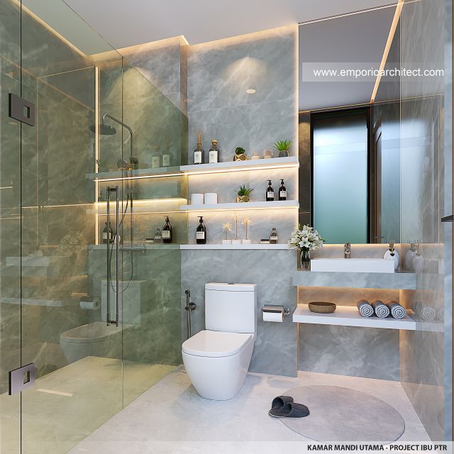 Desain Kamar Mandi Utama Rumah Modern 3 Lantai Ibu PTR di Rawamangun, Jakarta Timur