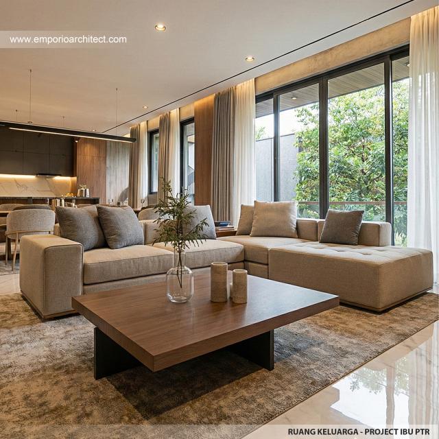 Desain Ruang Keluarga Rumah Modern 3 Lantai Ibu PTR di Rawamangun, Jakarta Timur