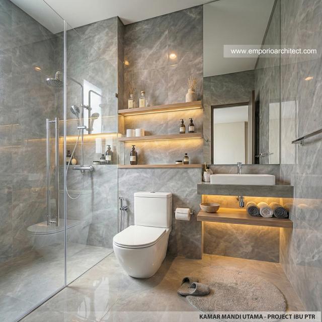 Desain Kamar Mandi Utama Rumah Modern 3 Lantai Ibu PTR di Rawamangun, Jakarta Timur