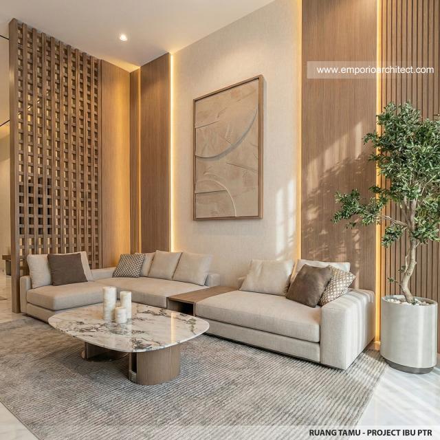 Desain Ruang Tamu Rumah Modern 3 Lantai Ibu PTR di Rawamangun, Jakarta Timur