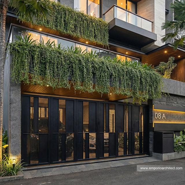 Desain Tampak Detail Depan Rumah Modern 3 Lantai Ibu PTR di Rawamangun, Jakarta Timur