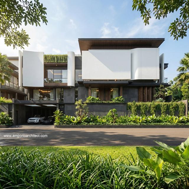 Desain Tampak Depan Rumah Modern 3 Lantai Bapak HMD di Kalimantan Selatan