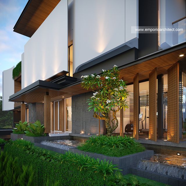 Desain Tampak Detail Depan Rumah Modern 3 Lantai Bapak HMD di Kalimantan Selatan