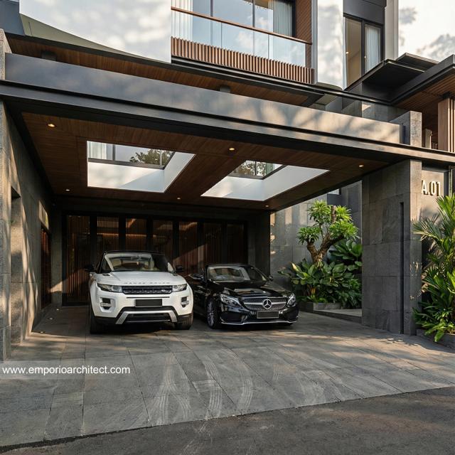 Desain Tampak Detail Depan Rumah Modern 3 Lantai Bapak HMD di Kalimantan Selatan