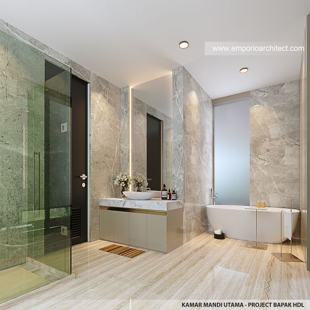 Desain Kamar Mandi Utama Rumah Modern 3 Lantai Bapak HMD di Kalimantan Selatan