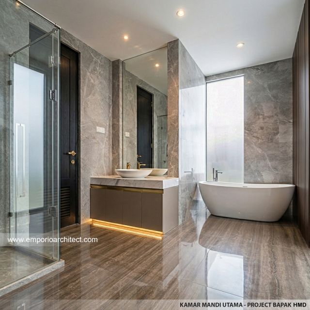 Desain Kamar Mandi Utama Rumah Modern 3 Lantai Bapak HMD di Kalimantan Selatan