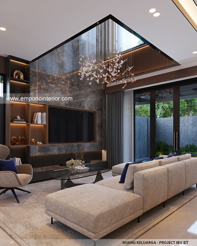 Desain Ruang Keluarga Rumah Modern 3 Lantai Ibu ST (Prastria House) di Mojokerto