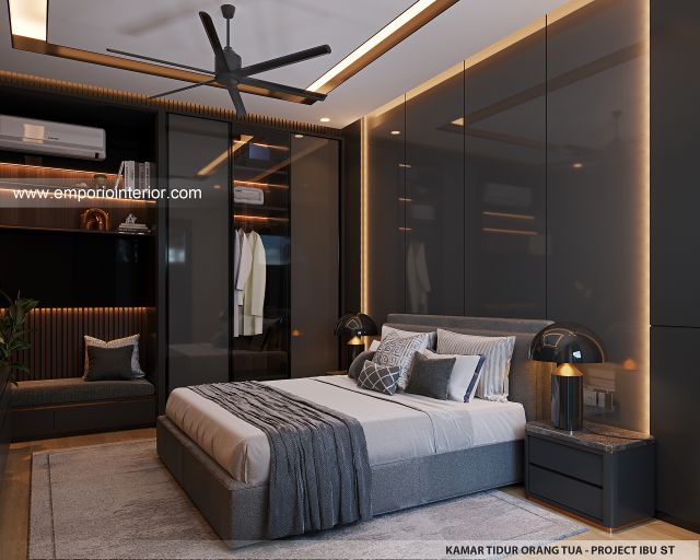 Desain Kamar Tidur Orang Tua Rumah Modern 3 Lantai Ibu ST (Prastria House) di Mojokerto