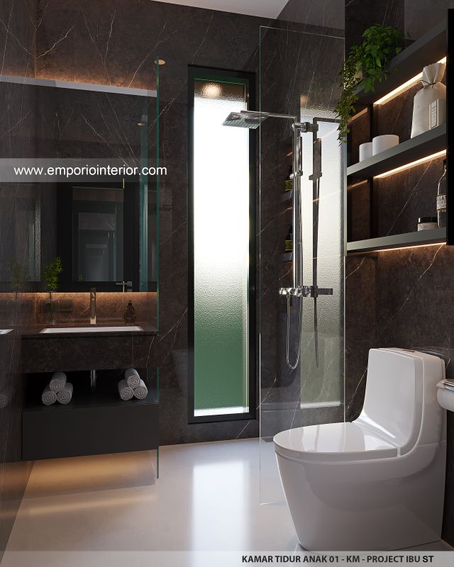 Desain Kamar Mandi Anak 1 Rumah Modern 3 Lantai Ibu ST (Prastria House) di Mojokerto