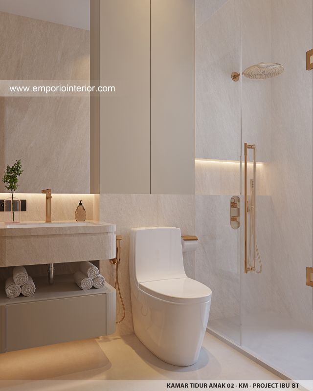 Desain Kamar Mandi Anak 2 Rumah Modern 3 Lantai Ibu ST (Prastria House) di Mojokerto