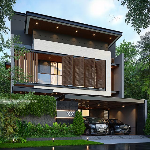Desain Tampak Depan Dengan Pagar Rumah Modern 3 Lantai Ibu ST (Prastria House) di Mojokerto