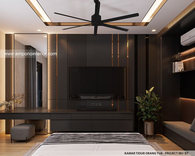 Desain Kamar Tidur Orang Tua Rumah Modern 3 Lantai Ibu ST (Prastria House) di Mojokerto