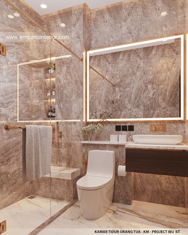 Desain Kamar Mandi Orang Tua Rumah Modern 3 Lantai Ibu ST (Prastria House) di Mojokerto