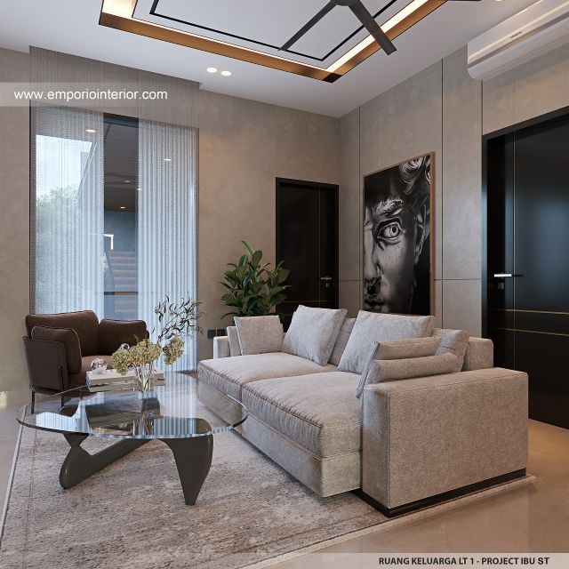 Desain Ruang Keluarga Lantai 1 Rumah Modern 3 Lantai Ibu ST (Prastria House) di Mojokerto