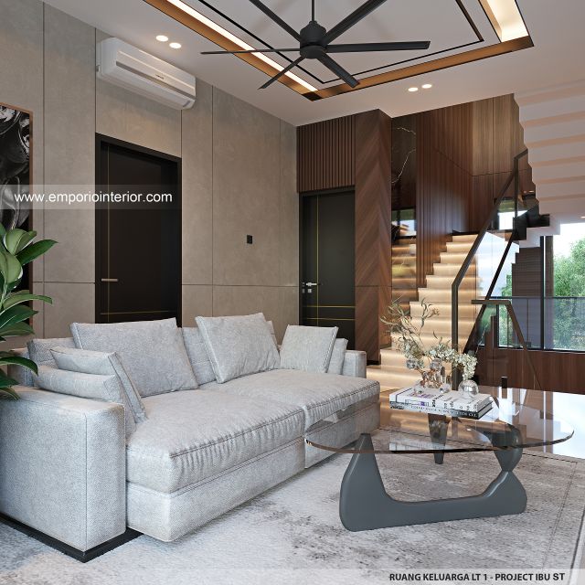 Desain Ruang Keluarga Lantai 1 Rumah Modern 3 Lantai Ibu ST (Prastria House) di Mojokerto