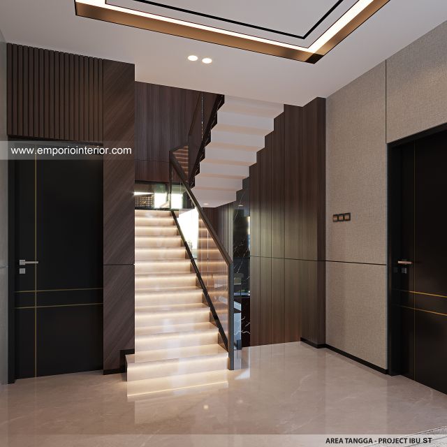 Desain Area Tangga Rumah Modern 3 Lantai Ibu ST (Prastria House) di Mojokerto