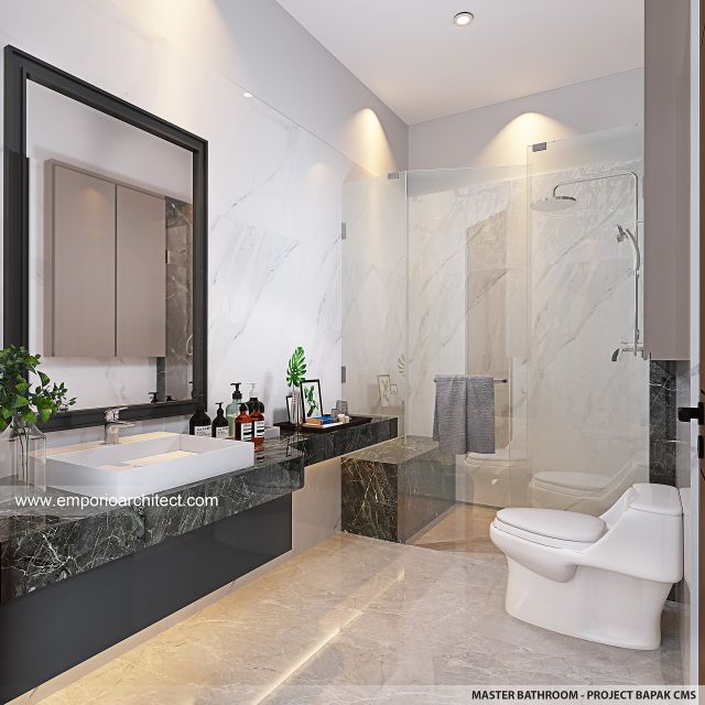 Desain Kamar Mandi Utama Rumah Modern 3 Lantai Bapak CMS di Jakarta Timur