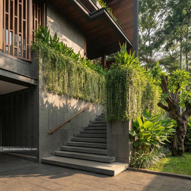 Desain Tampak Detail Depan Rumah Modern 3 Lantai Ibu BLL di Jakarta Selatan