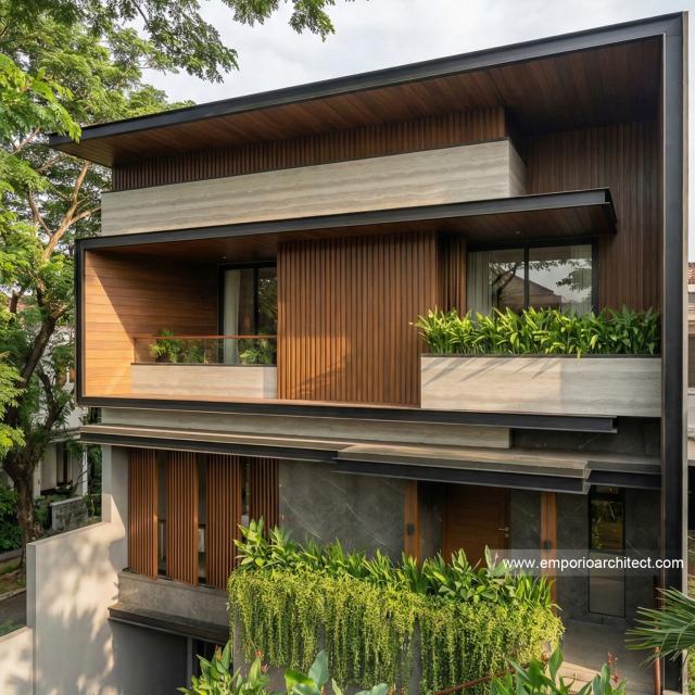 Desain Tampak Detail Depan 2 Rumah Modern 3 Lantai Ibu BLL di Jakarta Selatan