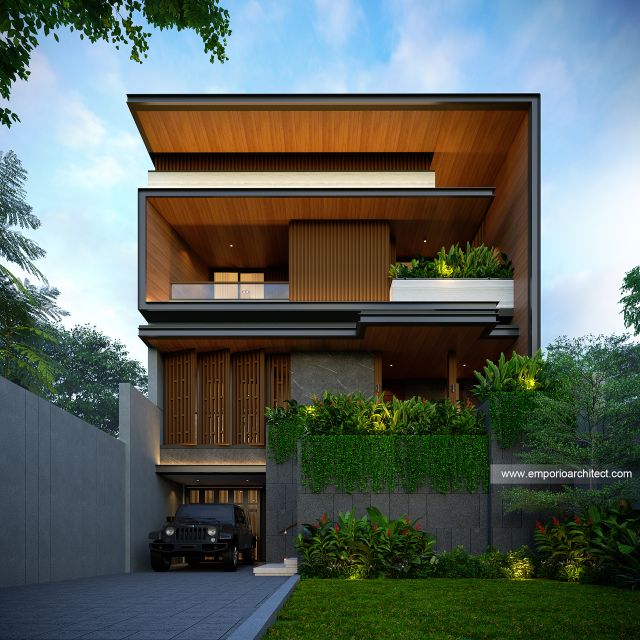 Desain Tampak Depan Rumah Modern 3 Lantai Ibu BLL di Jakarta Selatan
