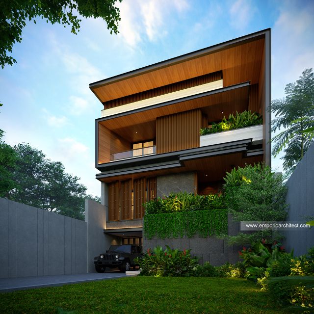 Desain Tampak Depan 2 Rumah Modern 3 Lantai Ibu BLL di Jakarta Selatan