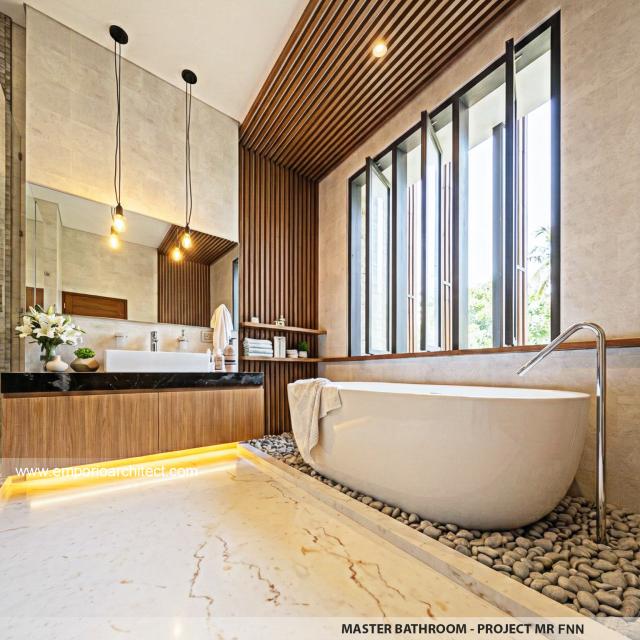 Desain Kamar Mandi Utama Rumah Modern 3 Lantai Bapak FNN di Timor Leste