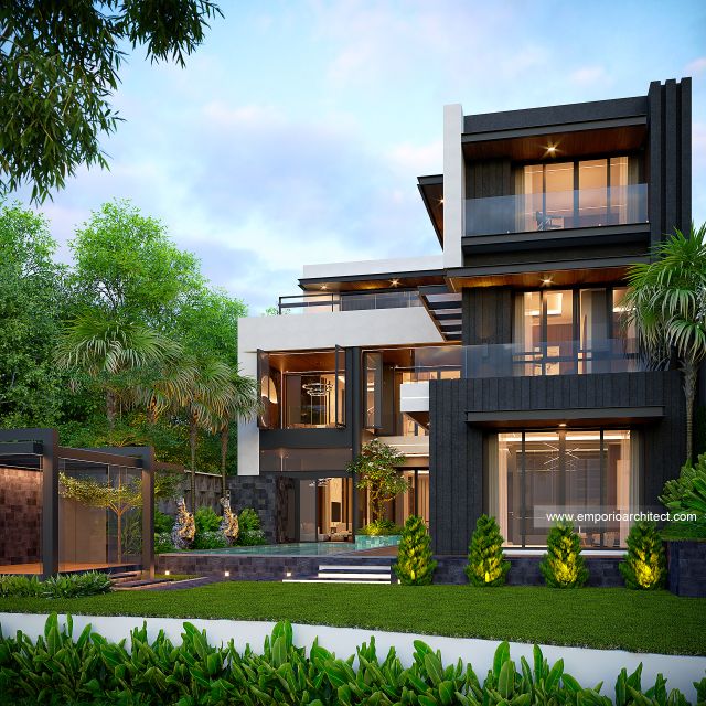 Desain Tampak Belakang Rumah Modern 3 Lantai Ibu KLL di Bandung