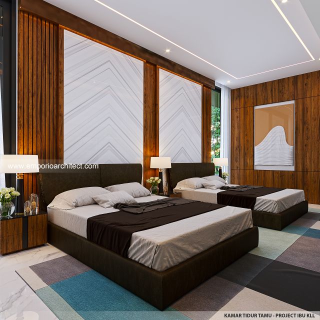 Desain Kamar Tidur Tamu Rumah Modern 3 Lantai Ibu KLL di Bandung
