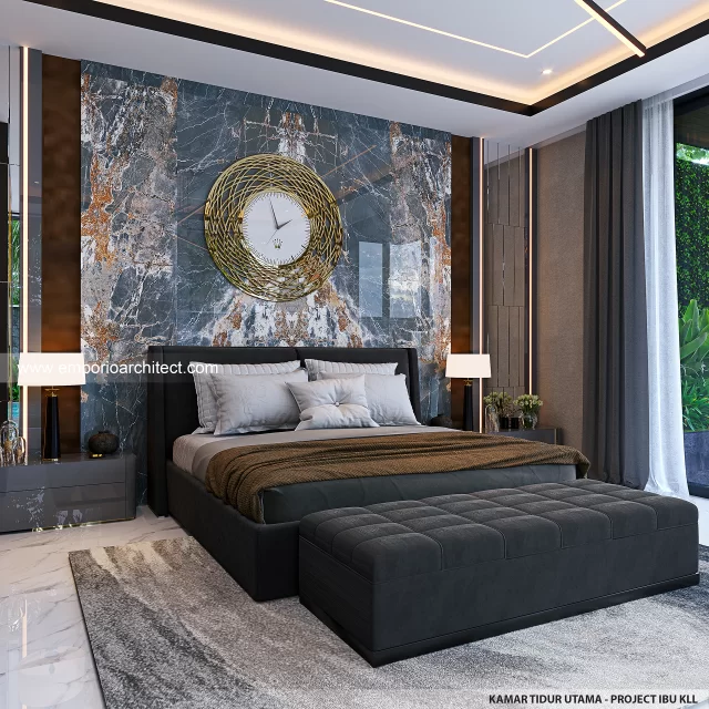 Desain Kamar Tidur Utama Rumah Modern 3 Lantai Ibu KLL di Bandung