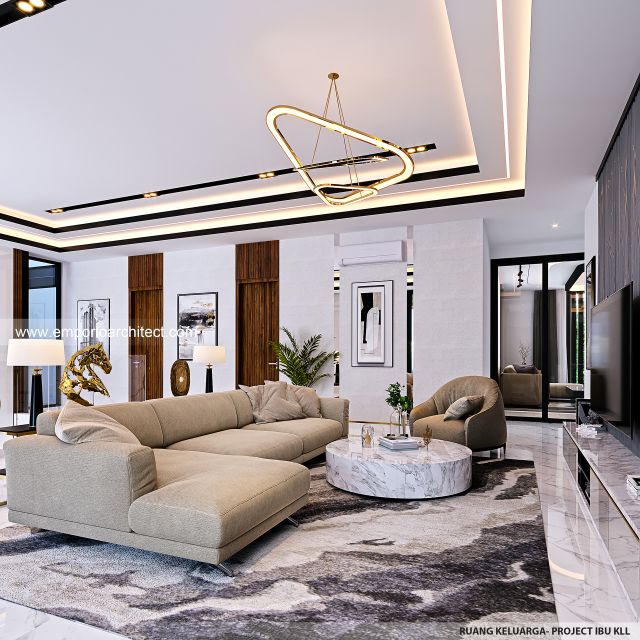 Desain Ruang Keluarga Rumah Modern 3 Lantai Ibu KLL di Bandung