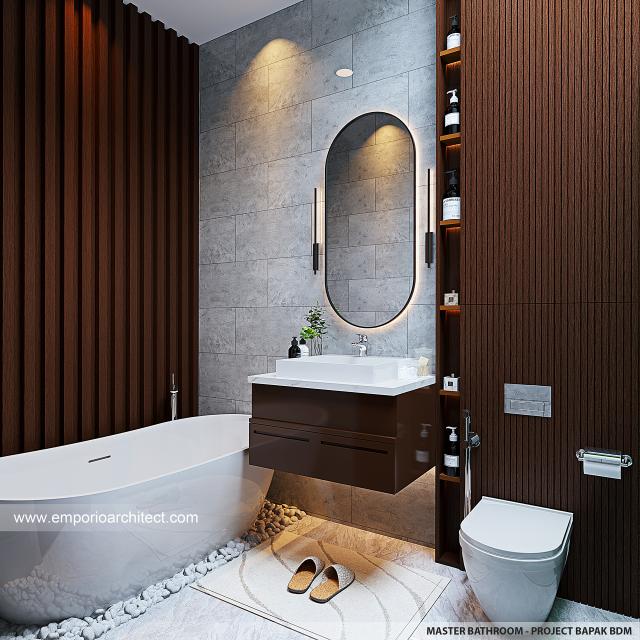 Desain Kamar Mandi Utama Rumah Modern 4 Lantai Bapak BDM di Cipayung, Jakarta Timur