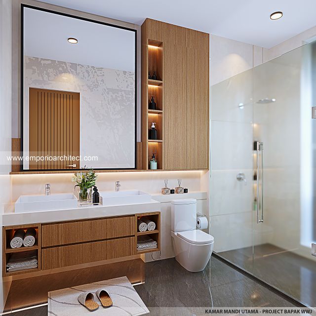 Desain Kamar Mandi Utama Rumah Modern 3 Lantai Bapak WWJ di Jakarta Barat