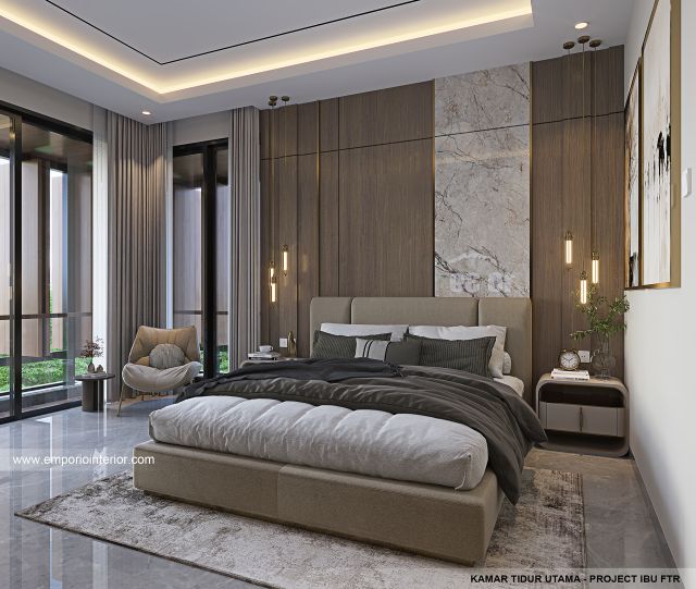 Desain Kamar Tidur Utama Rumah Modern 3 Lantai Ibu FTR di Tangerang Selatan