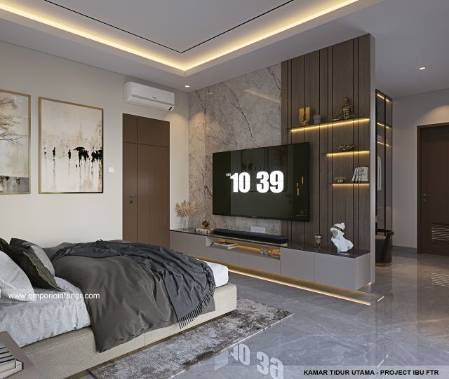 Desain Kamar Tidur Utama Rumah Modern 3 Lantai Ibu FTR di Tangerang Selatan