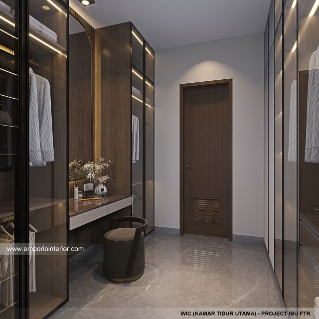 Desain WIC Kamar Tidur Utama Rumah Modern 3 Lantai Ibu FTR di Tangerang Selatan