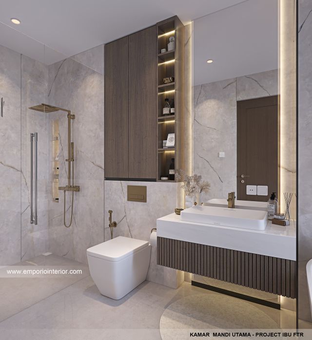 Desain Kamar Mandi Utama Rumah Modern 3 Lantai Ibu FTR di Tangerang Selatan