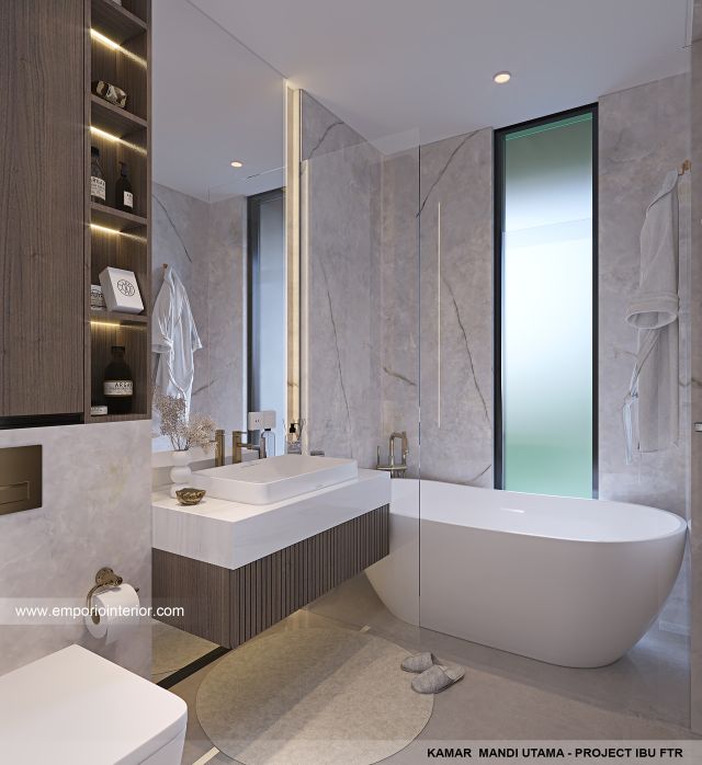 Desain Kamar Mandi Utama Rumah Modern 3 Lantai Ibu FTR di Tangerang Selatan