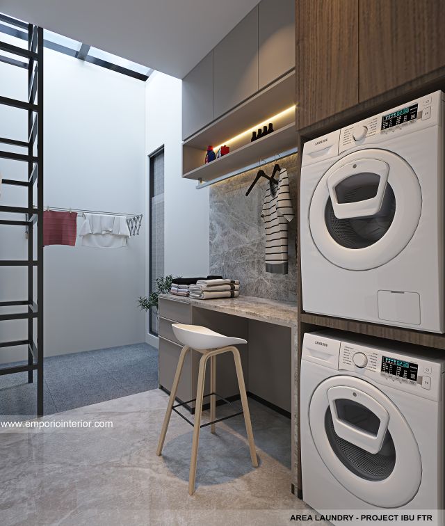 Desain Area Laundry Rumah Modern 3 Lantai Ibu FTR di Tangerang Selatan