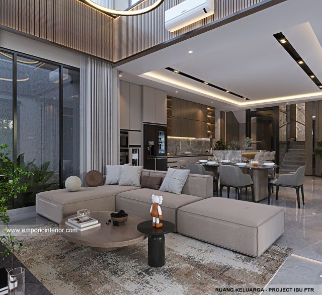 Desain Ruang Keluarga Rumah Modern 3 Lantai Ibu FTR di Tangerang Selatan