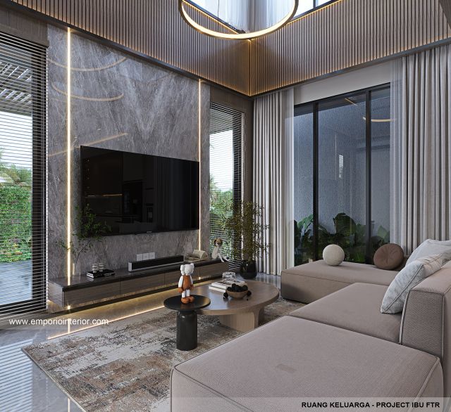 Desain Ruang Keluarga Rumah Modern 3 Lantai Ibu FTR di Tangerang Selatan