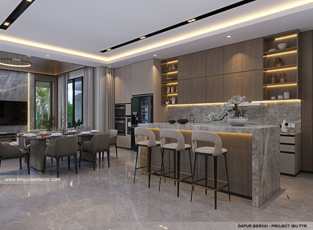 Desain Dapur Bersih Rumah Modern 3 Lantai Ibu FTR di Tangerang Selatan