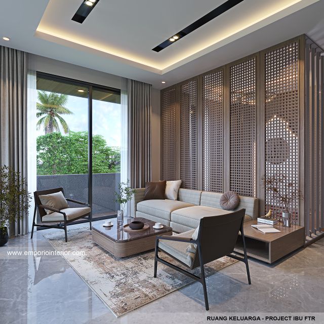 Desain Ruang Keluarga Rumah Modern 3 Lantai Ibu FTR di Tangerang Selatan