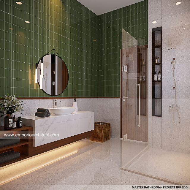 Desain Kamar Mandi Utama Rumah Modern 3 Lantai Ibu SDG di Jakarta Timur