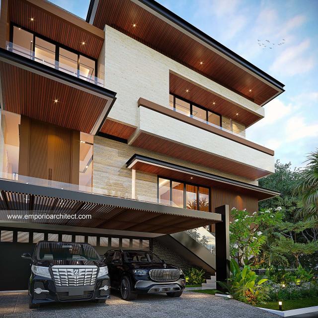 Desain Tampak Detail Depan Rumah Modern 3 Lantai Bapak YSF di PIK 2, Tangerang