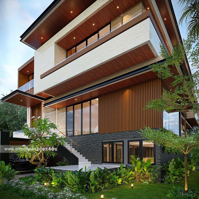 Desain Tampak Detail Hoek Rumah Modern 3 Lantai Bapak YSF di PIK 2, Tangerang
