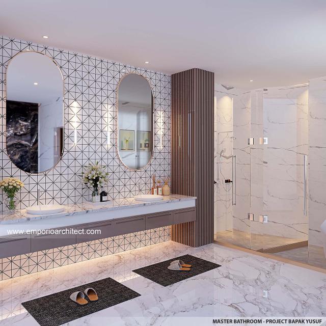 Desain Kamar Mandi Utama Rumah Modern 3 Lantai Bapak YSF di PIK 2, Tangerang