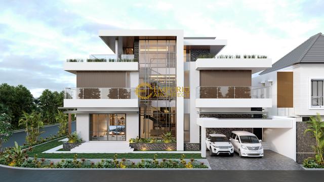 Desain Tampak Depan Kanan Rumah Modern 3 Lantai Ibu Eva di Jakarta Utara
